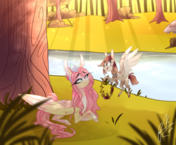 Size: 2780x2292 | Tagged: safe, artist:iheyyasyfox, fluttershy, oc, oc:cindy fugax, pegasus, pony, crepuscular rays, female, filly, floral head wreath, flower, forest, mother and child, mother and daughter, offspring, parent and child, parent:bulk biceps, parent:fluttershy, parents:flutterbulk, prone, river, tree