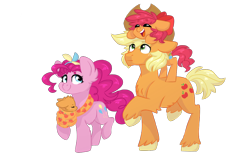 Size: 1280x800 | Tagged: safe, artist:vovanpetuh, applejack, pinkie pie, oc, oc:paper apple pie, earth pony, pony, applepie, baby, baby pony, beanbrows, bow, clothing theft, colt, eyebrows, family, female, filly, hair bow, lesbian, magical lesbian spawn, male, offspring, parent:applejack, parent:pinkie pie, parents:applepie, pony hat, shipping, simple background, transparent background, unshorn fetlocks