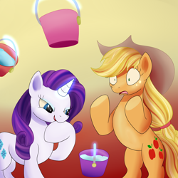 Size: 1500x1500 | Tagged: safe, artist:huffy26, applejack, rarity, earth pony, pony, unicorn, atg 2018, cowboy hat, cute, female, hat, lesbian, levitation, magic, newbie artist training grounds, open mouth, pail, rarijack, shipping, songkran, stetson, telekinesis