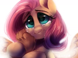 Size: 1600x1200 | Tagged: safe, artist:colorfulcolor233, discord, fluttershy, draconequus, pegasus, pony, the beginning of the end, crying, discoshy, female, male, mare, offscreen character, scene interpretation, shipping, shipping fuel, solo focus, straight