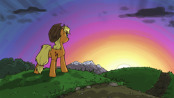 Size: 1280x720 | Tagged: safe, artist:tadpoledraws, applejack, earth pony, pony, 4everfreebrony, cloud, commission, grass, mountain, path, sun, sunset