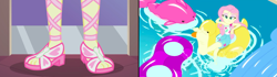 Size: 1440x404 | Tagged: safe, edit, edited screencap, screencap, fluttershy, better together, equestria girls, i'm on a yacht, so much more to me, barefoot, feet, floaty, flutterfeet, foot focus, open-toed shoes, soles, swimming pool, toes, water, wiggling toes