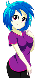 Size: 773x1600 | Tagged: safe, artist:rosemile mulberry, dj pon-3, vinyl scratch, equestria girls, breasts, clothes, cute, female, pants, shirt, simple background, smiling, solo, vinylbetes, white background