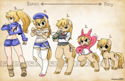 Size: 1600x1035 | Tagged: safe, artist:shepherd0821, oc, oc only, anthro, human, pony, semi-anthro, unguligrade anthro, alcohol, anthro chart, anthro with ponies, bipedal, boots, clothes, drinking, final fight, hat, humanized, jacket, kneesocks, lucia morgan, midriff, ponytail