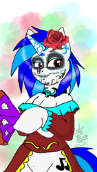 Size: 720x1280 | Tagged: safe, artist:theuzbee, dj pon-3, vinyl scratch, pony, semi-anthro, unicorn, calaverita, clothes, cosplay, costume, dia de los muertos, fan, flower, holliday, makeup, mexico, red dress, red eyes, request, rose, wrong eye color