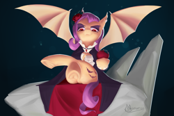 Size: 6000x4000 | Tagged: safe, alternate version, artist:madgehog, angel bunny, fluttershy, bat pony, pegasus, pony, undead, vampire, vampony, bat ponified, colored, evil, female, flower, flower in hair, flutterbat, fluttergoth, frog (hoof), looking at you, looking down, mare, race swap, rose, sitting, spread wings, throne, underhoof, wings