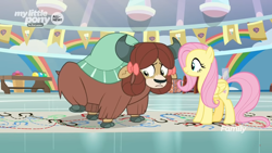 Size: 1364x768 | Tagged: safe, screencap, fluttershy, yona, pegasus, pony, yak, she's all yak, bow, chart, cloven hooves, dotted line, duo, female, gym, hair bow, hoofprints, mare, monkey swings, nervous, paper, twisting