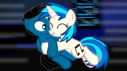 Size: 3840x2160 | Tagged: safe, artist:agkandphotomaker2000, dj pon-3, vinyl scratch, oc, oc:pony video maker, pony, canon x oc, love, movement, still frame, tackle hug, videoscratch