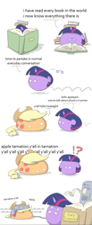 Size: 1237x3001 | Tagged: safe, artist:switchy, applejack, twilight sparkle, earth pony, pony, book, glasses, polandball, simple background, what in tarnation, white background, y'all