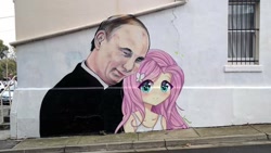 Size: 720x405 | Tagged: safe, edit, fluttershy, human, equestria girls, female, graffiti, irl, male, parody, photo, russia, straight, vladimir putin, wat, why