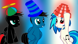 Size: 3840x2160 | Tagged: safe, artist:agkandphotomaker2000, dj pon-3, vinyl scratch, oc, oc:arnold the pony, oc:pony video maker, pegasus, pony, unicorn, abstract background, canon x oc, devo, energy dome, hat, propeller hat, red and black oc, silly hat, top hat, unamused, videoscratch