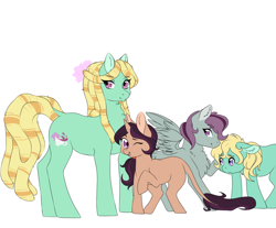 Size: 1024x846 | Tagged: safe, artist:uniquecolorchaos, oc, oc only, oc:basil clove, oc:ginger tea, oc:herbal sakura, oc:spring sage, earth pony, pegasus, pony, unicorn, colt, female, filly, half-siblings, male, mare, offspring, parent:saffron masala, parent:tree hugger, parent:zephyr breeze, parents:saffron breeze, parents:zephyrhugger, siblings, simple background, white background