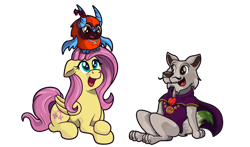 Size: 900x529 | Tagged: safe, artist:moonlightfan, fluttershy, anthro, dog, pegasus, pony, anthro with ponies, crossover, pyre, rukey greentail, simple background, ti'zo