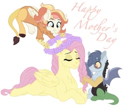 Size: 768x688 | Tagged: safe, artist:pastel-charms, fluttershy, oc, oc:harmonic chord, oc:low-key paradox, draconequus, hybrid, pegasus, pony, braid, eyes closed, female, floral head wreath, flower, interspecies offspring, male, mother and child, mother and daughter, mother and son, offspring, parent and child, parent:discord, parent:fluttershy, parents:discoshy, prone, simple background, white background