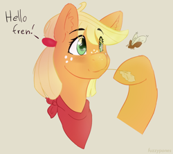 Size: 908x808 | Tagged: safe, artist:fuzzypones, applejack, earth pony, insect, moth, pony, bandana, blushing, bust, colored, female, mare, raised hoof, solo, straw in mouth, text