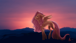 Size: 4188x2394 | Tagged: safe, artist:chepymur, fluttershy, pegasus, pony, eyes closed, female, floppy ears, mare, missing cutie mark, profile, smiling, solo, spread wings, sunset, wings