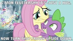 Size: 666x377 | Tagged: safe, edit, edited screencap, editor:undeadponysoldier, screencap, fluttershy, spike, breezie, dragon, pegasus, pony, it ain't easy being breezies, adorable face, caption, cute, female, flutterspike, hug, image macro, looking at each other, male, mare, meme, mushroom, nervous, shipping, straight, text, turn that frown upside down