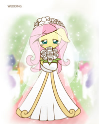 Size: 860x1080 | Tagged: safe, artist:howxu, applejack, fluttershy, pinkie pie, earth pony, pegasus, pony, clothes, cropped, crying, cute, dress, female, shyabetes, solo focus, tears of joy, wedding dress, wedding veil