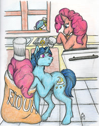 Size: 705x900 | Tagged: safe, artist:lunarlight-prism, pinkie pie, oc, oc:cloud chaser, oc:colin, pony, unicorn, flour sack, kitchen, male, now you're thinking with portals, pinkie being pinkie, pinkie physics, portal, stallion, traditional art