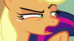 Size: 1280x720 | Tagged: safe, screencap, applejack, earth pony, pony, the washouts (episode), close-up, female, mare, open mouth, solo focus