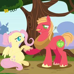 Size: 2000x2000 | Tagged: safe, anonymous artist, big macintosh, fluttershy, pegasus, pony, series:fm holidays, alternate hairstyle, bags under eyes, facial hair, female, floppy ears, fluttermac, hair bun, holding hooves, hoof on belly, lineless, looking at each other, male, moustache, no pupils, older, outie belly button, pregnant, shipping, sitting, straight, tree