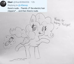 Size: 1676x1440 | Tagged: safe, artist:tjpones, pinkie pie, earth pony, pony, ask, dialogue, ear fluff, electric razor, female, hair clipper, implied twilight sparkle, magic, magic glow, mare, offscreen character, raised hoof, shaved, telekinesis, tumblr, twitter