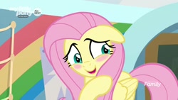 Size: 1280x720 | Tagged: safe, screencap, fluttershy, pegasus, pony, she's all yak, bashful, blushing, cropped, cute, daaaaaaaaaaaw, discovery family logo, floppy ears, shyabetes, solo, weapons-grade cute