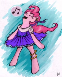 Size: 1101x1353 | Tagged: safe, artist:inky-draws, pinkie pie, pony, bipedal, clothes, dress, gypsy pie, romani, singing