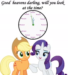 Size: 1390x1528 | Tagged: safe, edit, editor:leonidus, applejack, rarity, earth pony, pony, unicorn, annoyed, clock, cute, dialogue, female, funny, lesbian, meme, meme ship, nudge, rarijack, shipping, text