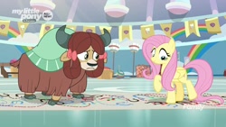 Size: 1280x720 | Tagged: safe, screencap, fluttershy, yona, pegasus, pony, yak, she's all yak, bow, cloven hooves, dance lesson, dancing, female, hair bow, mare, monkey swings