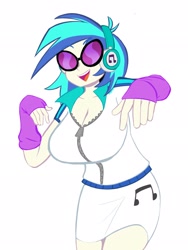 Size: 1536x2048 | Tagged: safe, artist:vicsagod, dj pon-3, vinyl scratch, equestria girls, big breasts, breasts, cleavage, commission, female, headphones, simple background, solo, sunglasses, vinyl stacked, white background