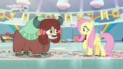 Size: 1280x720 | Tagged: safe, screencap, fluttershy, yona, pegasus, pony, yak, she's all yak, bow, cloven hooves, dance lesson, dancing, female, hair bow, mare, monkey swings