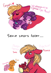 Size: 664x955 | Tagged: safe, artist:vovanpetuh, applejack, big macintosh, pinkie pie, sugar belle, oc, oc:red wine, earth pony, pony, unicorn, applepie, father and child, father and son, female, holding a pony, implied applepie, implied divorce, implied lesbian, implied shipping, lesbian, male, missing accessory, neck nuzzle, offspring, pacifier, parent and child, parent:big macintosh, parent:sugar belle, parents:sugarmac, shipping, simple background, straight, sugarmac, white background