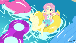 Size: 2672x1504 | Tagged: safe, artist:dragonedit, edit, edited screencap, screencap, fluttershy, better together, equestria girls, i'm on a yacht, barefoot, clothes, eyeshadow, feet, flutterfeet, foot focus, lidded eyes, makeup, nail polish, pool toy, shorts, soles, toenails, wiggling toes