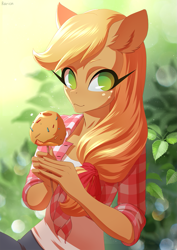 Size: 905x1280 | Tagged: safe, artist:glorious-rarien, applejack, anthro, earth pony, caramel apple (food), female, freckles, front knot midriff, hair ribbon, looking at you, mare, midriff, plaid shirt, rolled up sleeves, solo