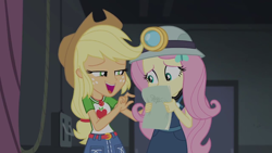 Size: 1280x720 | Tagged: safe, screencap, applejack, fluttershy, better together, equestria girls, opening night, geode of super strength, script