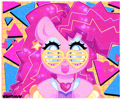 Size: 3597x2957 | Tagged: safe, artist:bunxl, pinkie pie, earth pony, pony, 80's fashion, female, heart, mare, open mouth, shutter shades, solo, stars, triangle