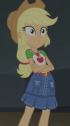 Size: 401x718 | Tagged: safe, screencap, applejack, better together, equestria girls, opening night, belt, clothes, cowboy hat, cropped, crossed arms, denim skirt, female, freckles, geode of super strength, hat, skirt, solo, stetson