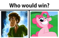 Size: 1663x1080 | Tagged: safe, pinkie pie, earth pony, human, pony, :3, death battle, dragon ball super, exploitable meme, female, grin, looking at you, mare, meme, scooby doo, shaggy, shaggy rogers, smile hd, smiling, smirk, squee, ultra instinct, who would win