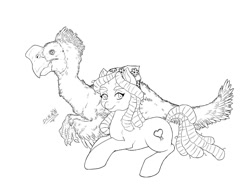 Size: 1000x768 | Tagged: safe, artist:dslycaon, tree hugger, dinosaur, earth pony, pony, animal, black and white, duo, feathered dinosaur, female, grayscale, mare, monochrome, oviraptor, prone, simple background, white background