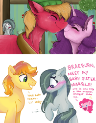 Size: 1023x1305 | Tagged: safe, artist:dreamscapevalley edits, artist:feathershine1, edit, big macintosh, braeburn, marble pie, pinkie pie, sugar belle, earth pony, pony, best gift ever, aftermath, blushing, braeble, cute, episode followup, episode idea, everything went better than expected, female, good end, heartbroken marble, introduction, male, nuzzling, overused joke, overused meme, ship sinking, shipper on deck, shipper pie, shipping, shipping denied, shipping fuel, shy, smiling, sometime later..., speculation, straight, sugarmac