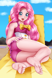 Size: 1200x1800 | Tagged: safe, artist:focusb, pinkie pie, equestria girls, adorasexy, barefoot, beach, beach chair, clothes, cute, diapinkes, feet, female, looking at you, open mouth, sand, sexy, solo, swimsuit