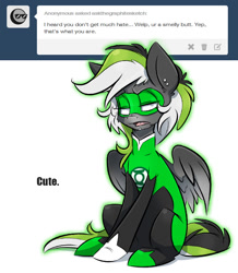 Size: 734x842 | Tagged: safe, artist:kez, oc, oc only, oc:graphite sketch, pegasus, pony, askthegraphitesketch, bodysuit, female, green lantern, insult, mare, piercing, simple background, solo, tumblr, unimpressed, white background