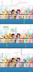 Size: 438x960 | Tagged: safe, artist:shinta-girl, ambrosia, apple cobbler, carrot top, cherry berry, cindy block, golden harvest, sunny rays, oc, oc:shinta pony, aaron pony, apple family member, background pony, comic, confetti, cruise ship, spanish, translated in the comments