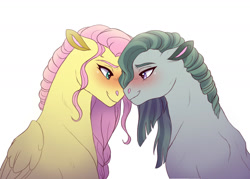 Size: 1600x1143 | Tagged: safe, artist:cascayd, fluttershy, marble pie, earth pony, pegasus, pony, blushing, eye contact, female, lesbian, looking at each other, marbleshy, mare, shipping, simple background, smiling, white background