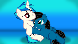 Size: 3840x2160 | Tagged: safe, artist:agkandphotomaker2000, dj pon-3, vinyl scratch, oc, oc:pony video maker, pegasus, pony, unicorn, canon x oc, cuddling, female, male, rule 63, straight, videoscratch