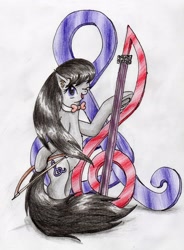 Size: 2190x2973 | Tagged: safe, artist:40kponyguy, derpibooru exclusive, octavia melody, earth pony, pony, bipedal, bowtie, cute, cutie mark, hoof hold, looking at you, one eye closed, redraw, simple background, solo, tavibetes, traditional art, treble clef, windswept mane, windswept tail