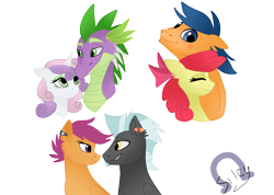 Size: 3504x2488 | Tagged: safe, artist:silcybell, apple bloom, first base, scootaloo, spike, sweetie belle, thunderlane, dragon, earth pony, pegasus, pony, unicorn, bloombase, crack shipping, cutie mark crusaders, female, interspecies, male, older, older spike, scootalane, shipping, simple background, spikebelle, straight, transparent background