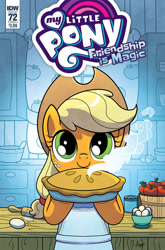 Size: 1186x1800 | Tagged: safe, artist:agnesgarbowska, idw, applejack, earth pony, pony, spoiler:comic, spoiler:comic72, apple, applejack's hat, bucket, c:, cover, cowboy hat, curtains, cute, egg, female, food, hat, hoof hold, jackabetes, mare, pie, rolling pin, smiling, window