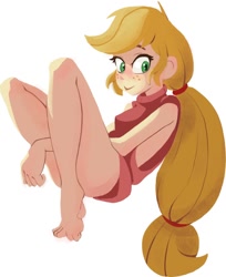 Size: 748x918 | Tagged: safe, artist:examonedayago, applejack, human, barefoot, feet, freckles, humanized, ponytail, schrödinger's pantsu, simple background, smiling, solo, white background, wiggling toes